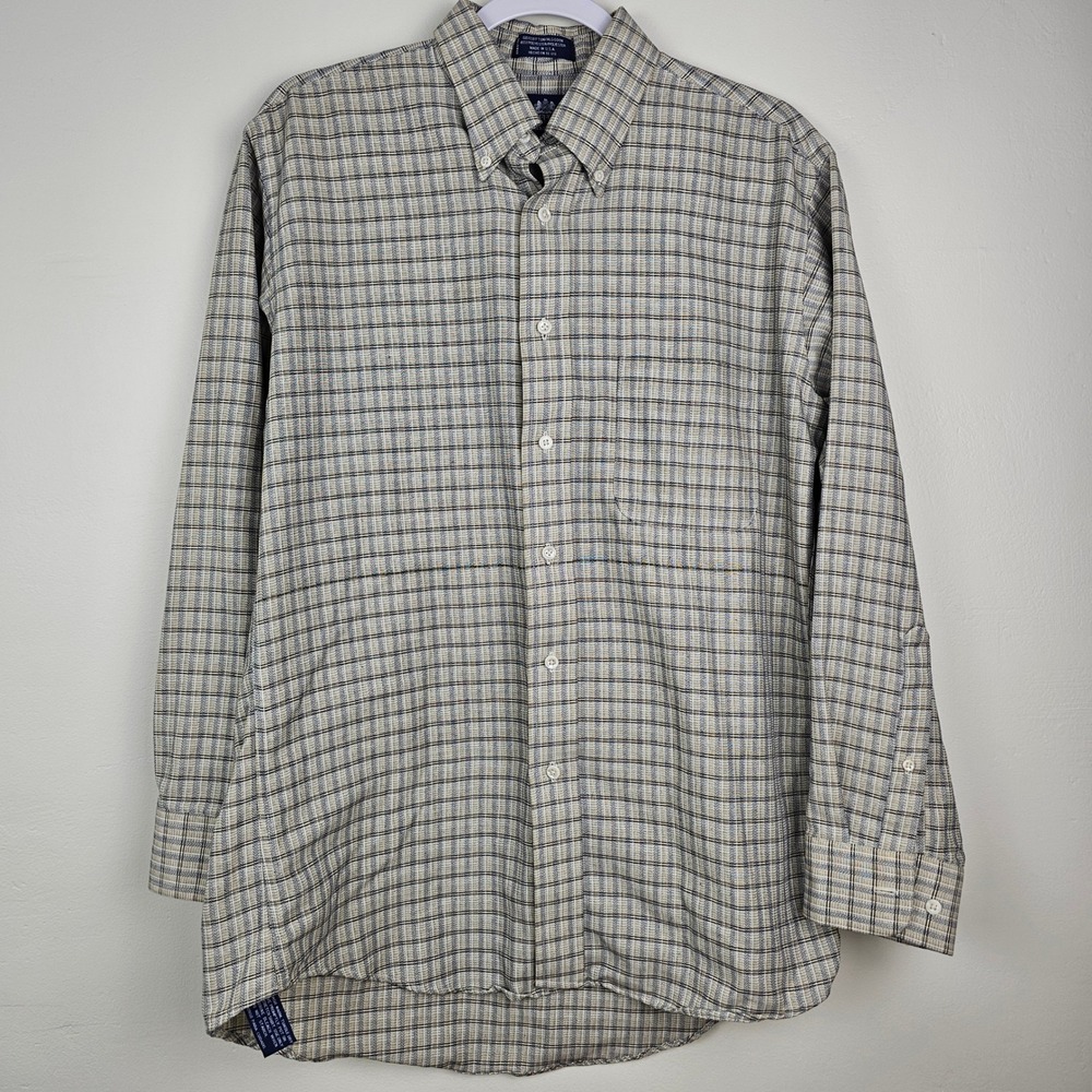 Stafford Button Up Shirt Mens 15.5 32/33 Tan Plaid Wrinkle-Free Long Sleeve USA